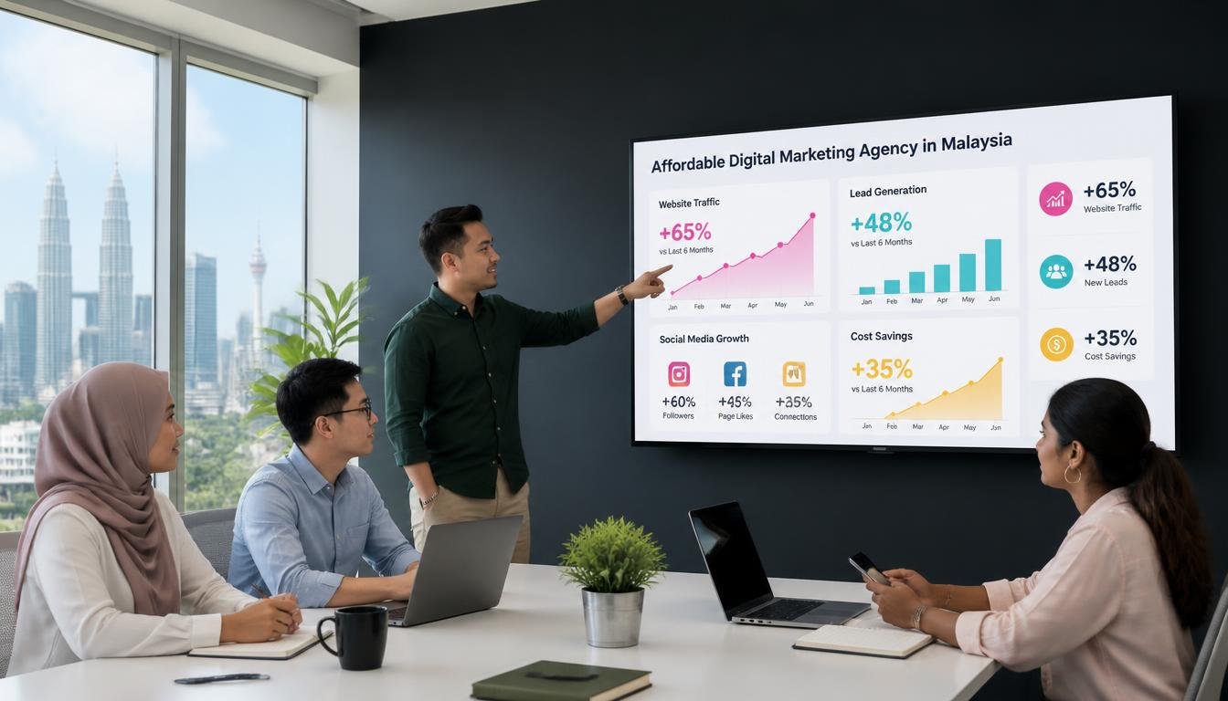 Delta Graphics team reviewing results at an affordable digital marketing agency in Malaysia
