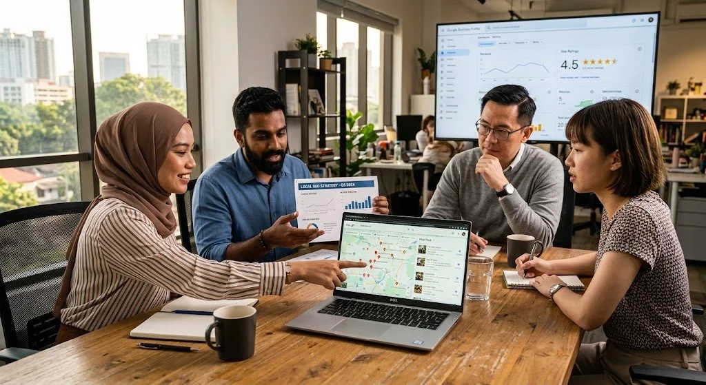 Marketing team discussing affordable local SEO strategy for Malaysian businesses