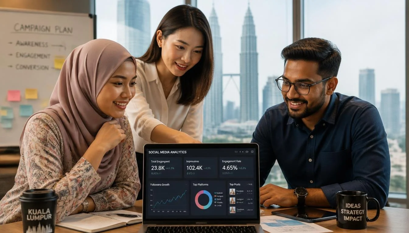 Social media marketing agency team in Kuala Lumpur analyzing campaign performance